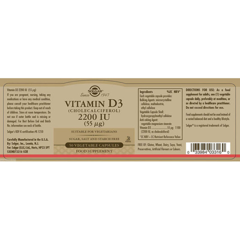 Вітамін D Solgar Vitamin D3 (Cholecalciferol) 2200 IU 50 Veg Caps