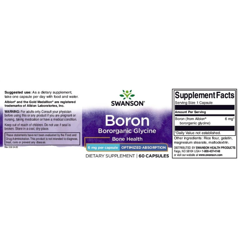 Микроэлемент Бор Swanson Albion Boron Bororganic Glycine 6 mg 60 Caps