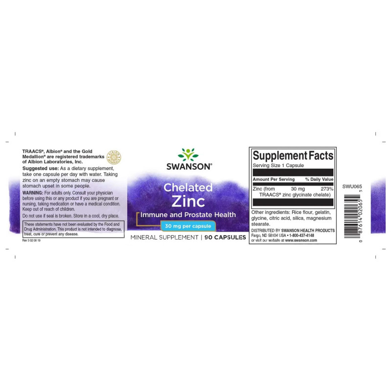 Мікроелемент Цинк Swanson Chelated Zinc 30 mg 90 Caps