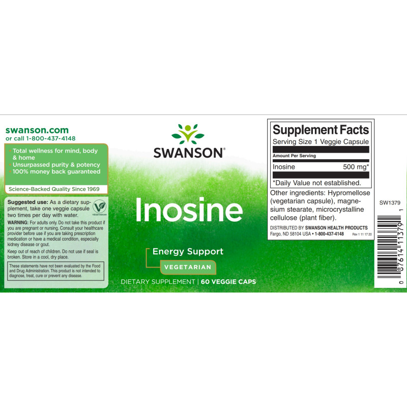 Комплекс для профілактики серця Swanson Inosine 500 mg 60 Caps