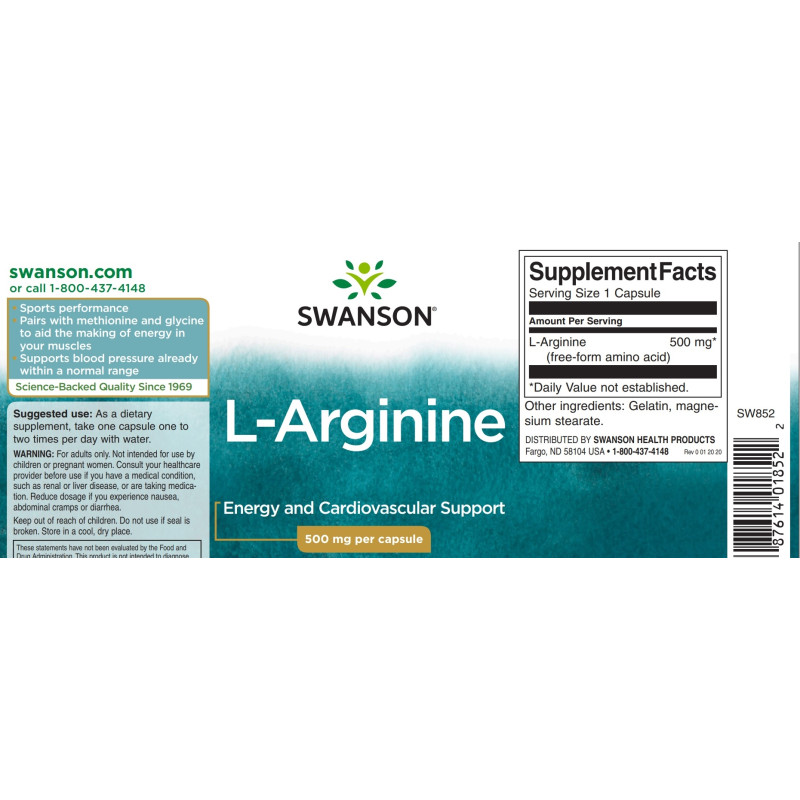 Аргинин Swanson L-Arginine 500 mg 200 Caps