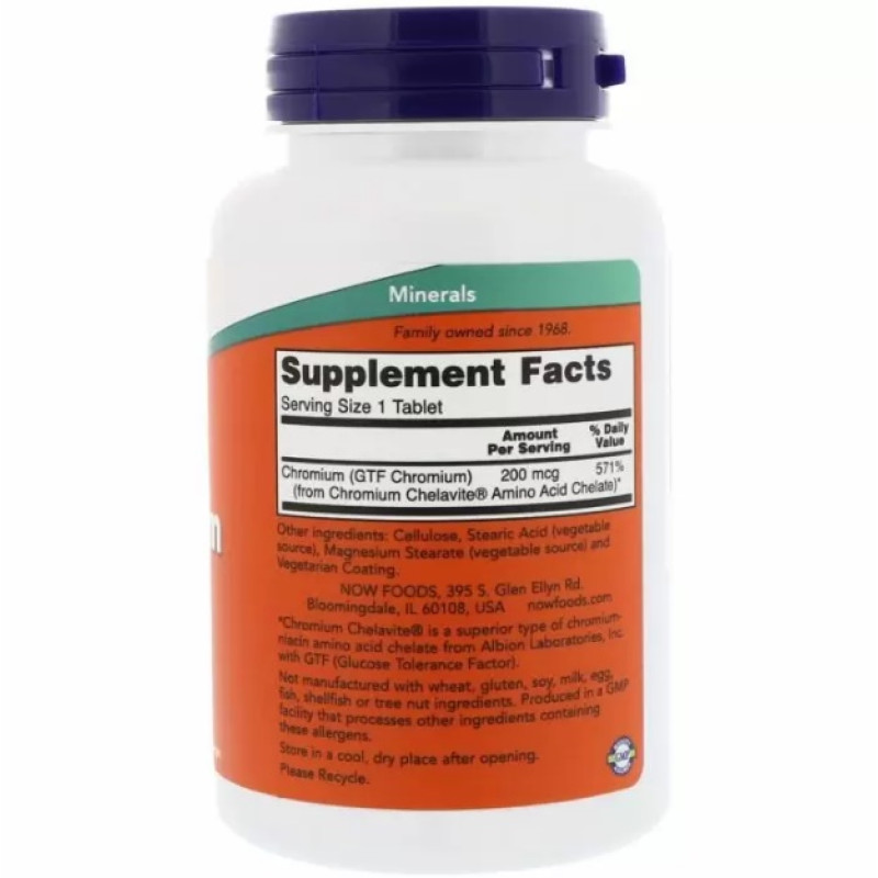 Мікроелемент Хром NOW Foods GTF Chromium 200 mcg 100 Tabs