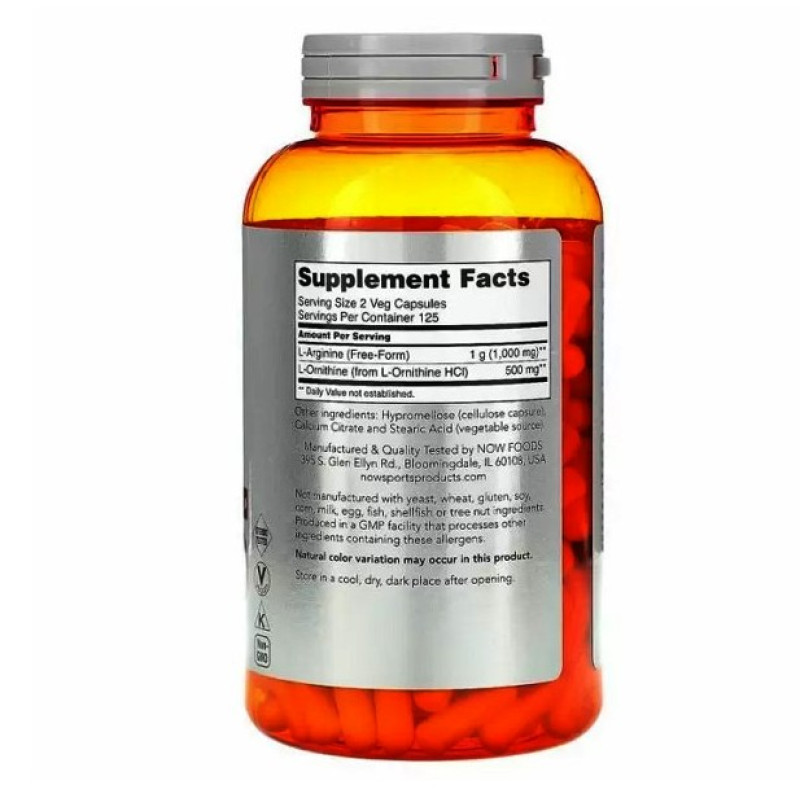 Аргинин NOW Foods Arginine/Ornithine, 500 mg/250 mg 250 Veg Caps